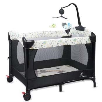 R for Rabbit Hide and Seek Plus Convertible Bedside Baby Cot & Crib, Compact Fold for Easy Storage Playyard, Hanging Toy bar Soothing Music Playpen for Kids 0-3 Years