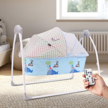 R for Rabbit Lullabies Baby Cradle Automatic Swing with 5 Point Safety Harness, Remote Control, Mosquito Net, Timer, Soothing Music for Kids Age 0-2 Years Weight Upto 12 Kg (Blue)