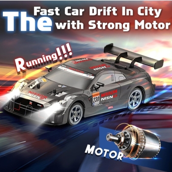 RC Drift Car 2.4GHz, 1/16 Remote Control Cars 4WD Fast Drifting Car Rechargeable RC Cars for Adults Kids Black Hobby Racing Vehicle with Lights Drifting Tire