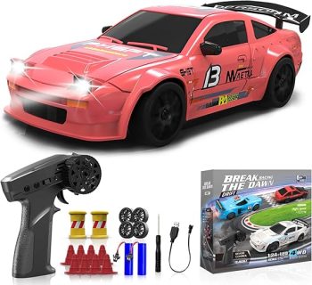 Remote Control Car, 1/24 RC Drift Car, 2.4Ghz 17KM/H High Speed RC Cars with LED Lights, Extra Tires, 2 Rechargeable Batteries, 4WD Racing Car Toys Christmas Birthday Gift for Kids Boys Girls Adults