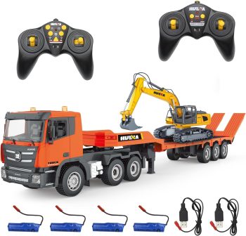 Fistone RC Semi Truck & Excavator Toy Set, 2.4Ghz Remote Control Flatbed Truck with Excavator Toys, 1:24 RC Semi-Trailer Engineering Tractor with Sound and Lights, Construction Vehicles Toy for Boys